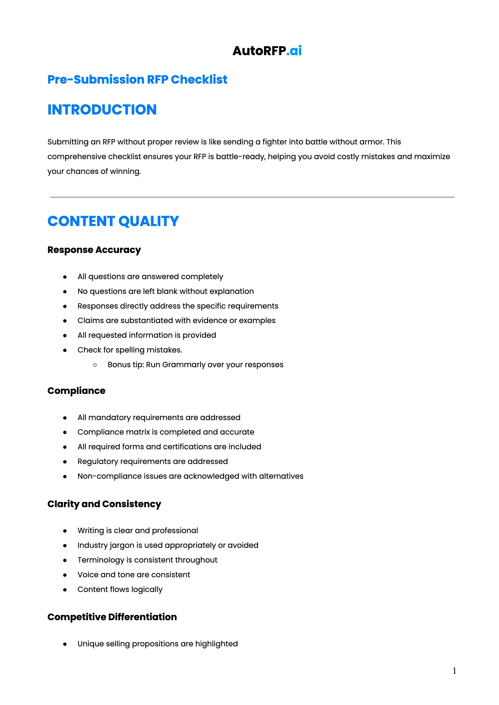 The Ultimate Pre-submission RFP Checklist, page 1