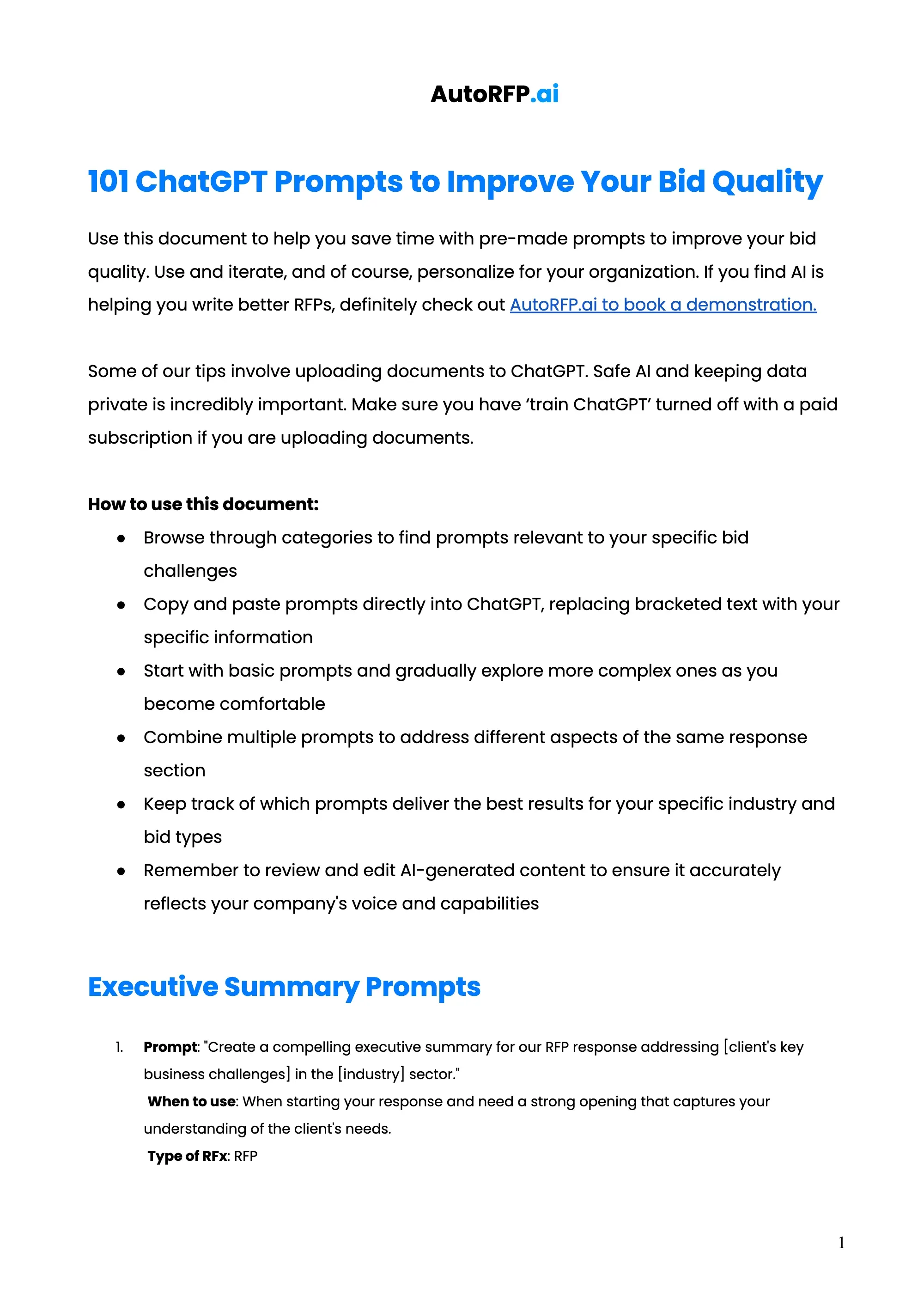 101 ChatGPT Prompts to Improve Your RFP Bid Quality, page 1