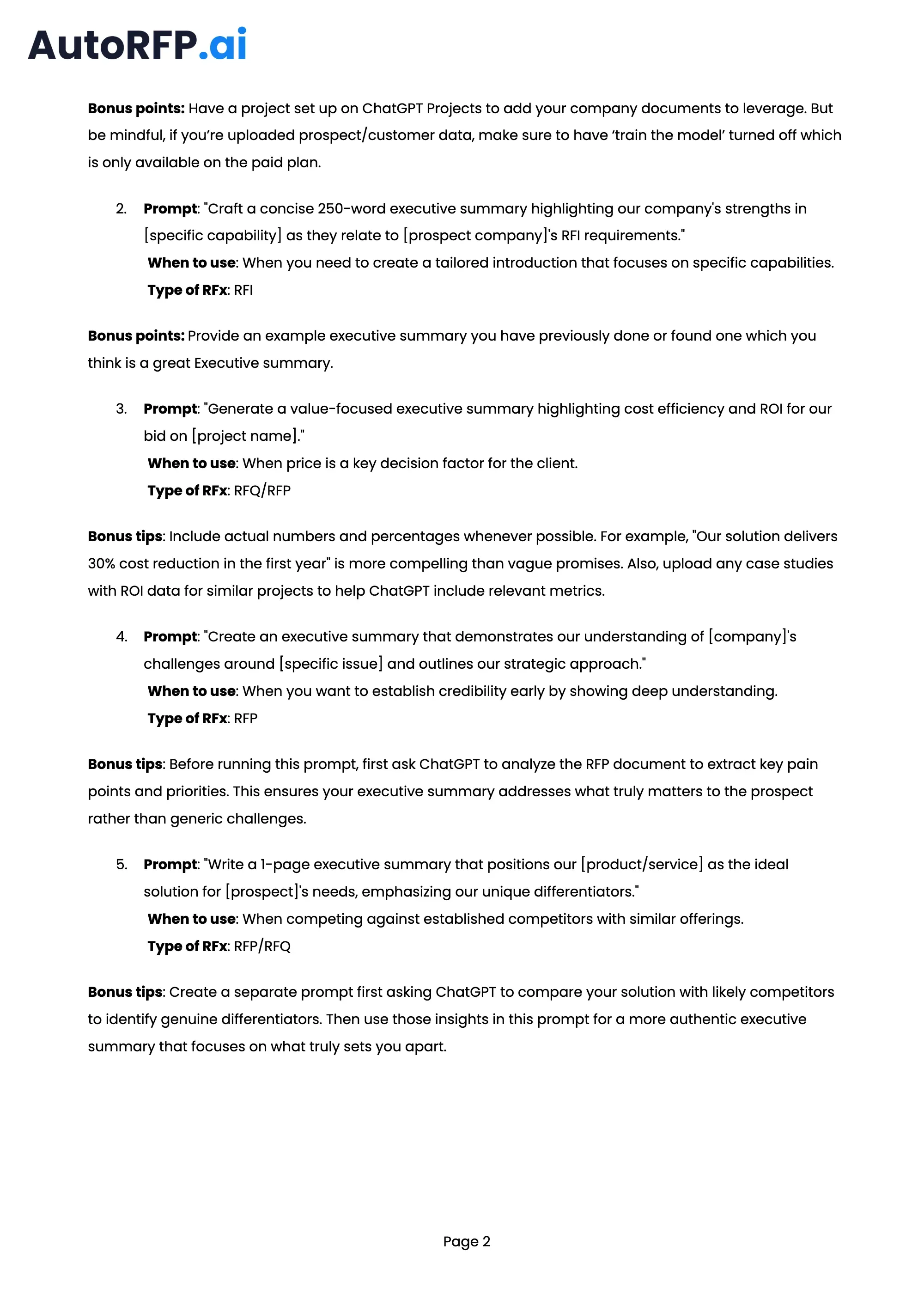 101 ChatGPT Prompts to Improve Your RFP Bid Quality, page 2