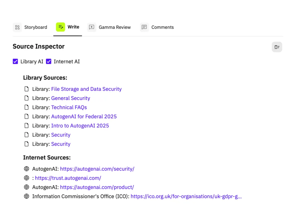 AutogenAI Source Inspector listing Library AI and Internet AI sources