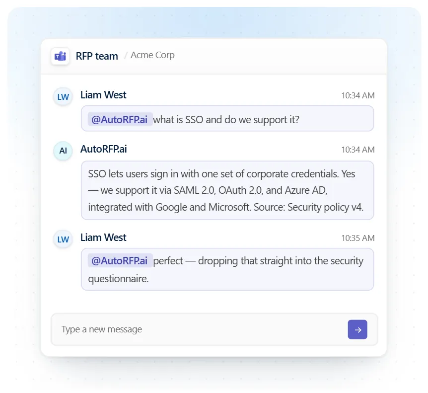 AutoRFP.ai Q&A Agent answering from approved knowledge in Slack