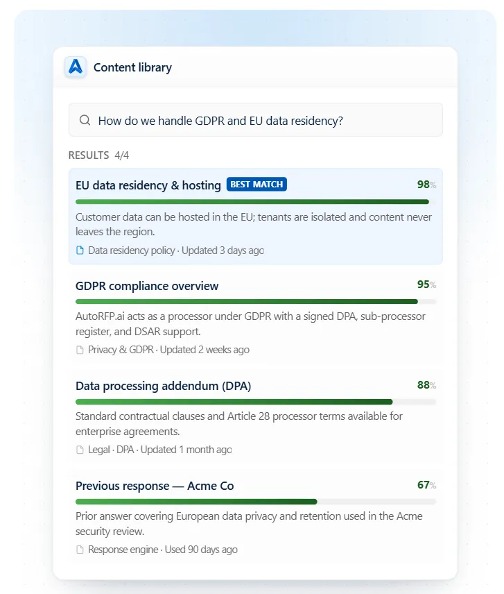 AutoRFP.ai semantic search across approved firm knowledge