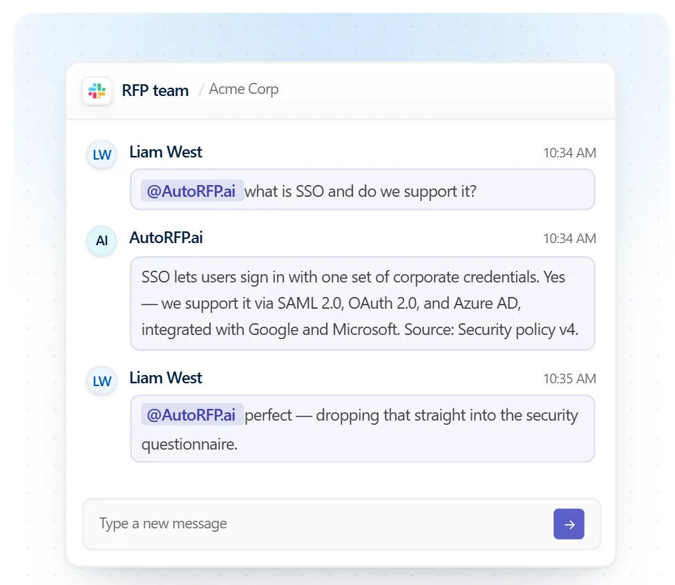 AutoRFP.ai notifications in Slack, Microsoft Teams, and email
