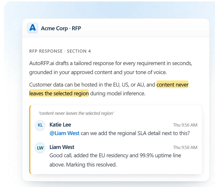AutoRFP.ai shared collaboration workspace for IR and compliance