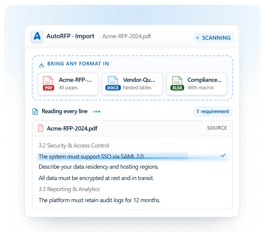 AutoRFP.ai importing complex LP questionnaires from Excel, Word, and PDF