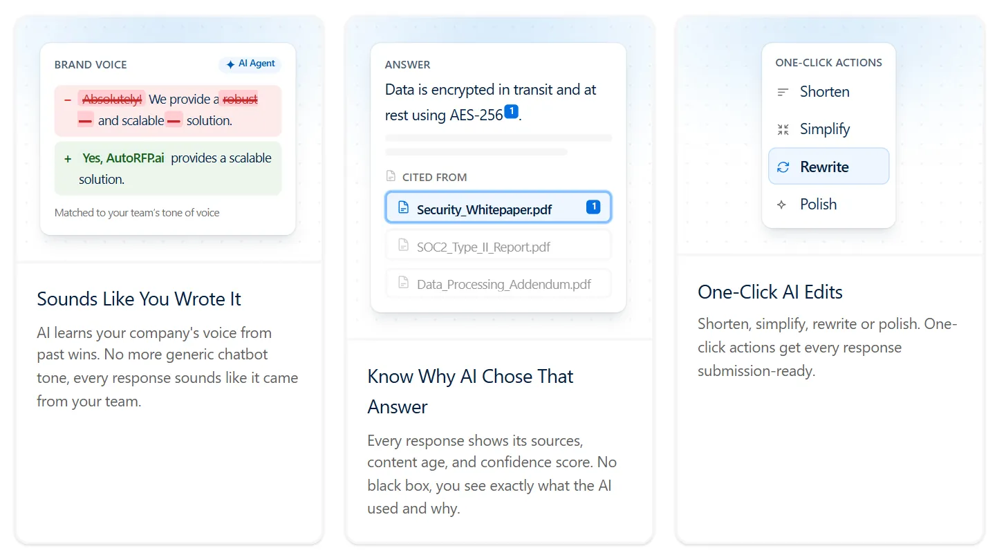 AutoRFP.ai AI response generation with brand voice, source citations, and one-click edits