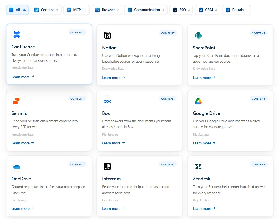 AutoRFP.ai connected knowledge sources including Confluence, SharePoint, Google Drive, and OneDrive