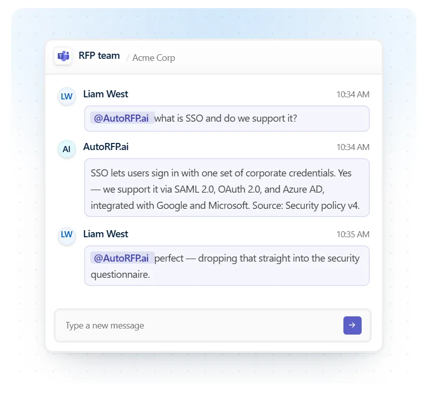 AutoRFP.ai Q&A Agent returning sourced answers in Slack and Teams