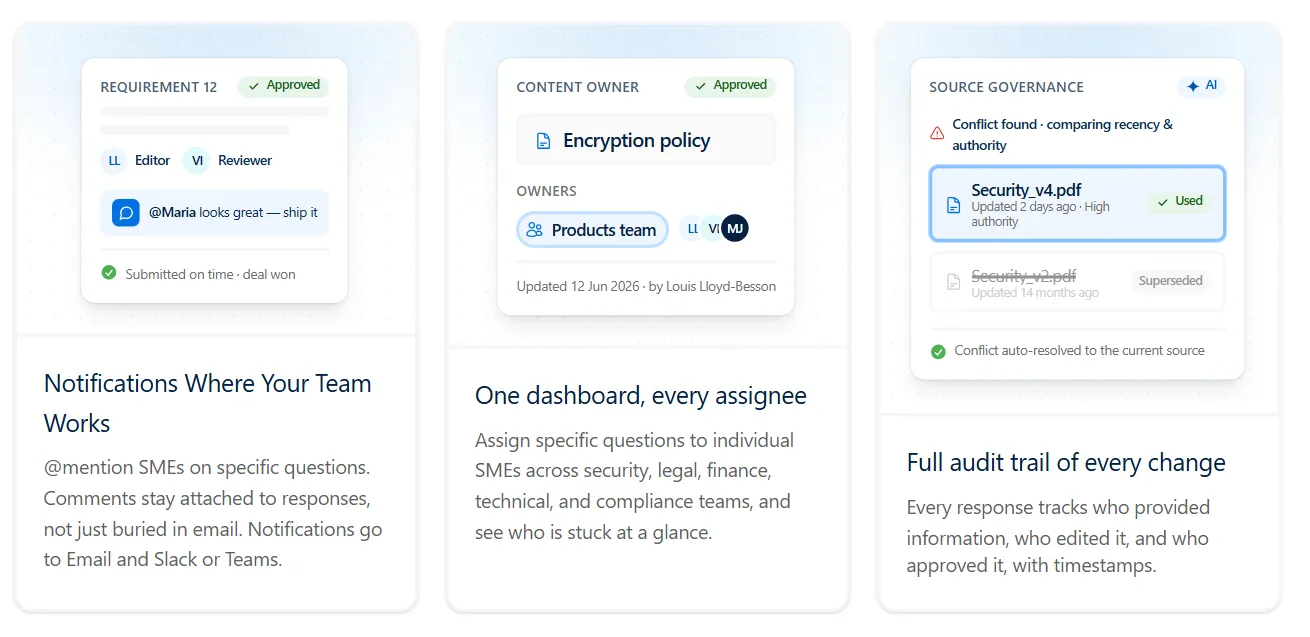 AutoRFP.ai collaboration workflows with review notifications, assignees, and audit trail