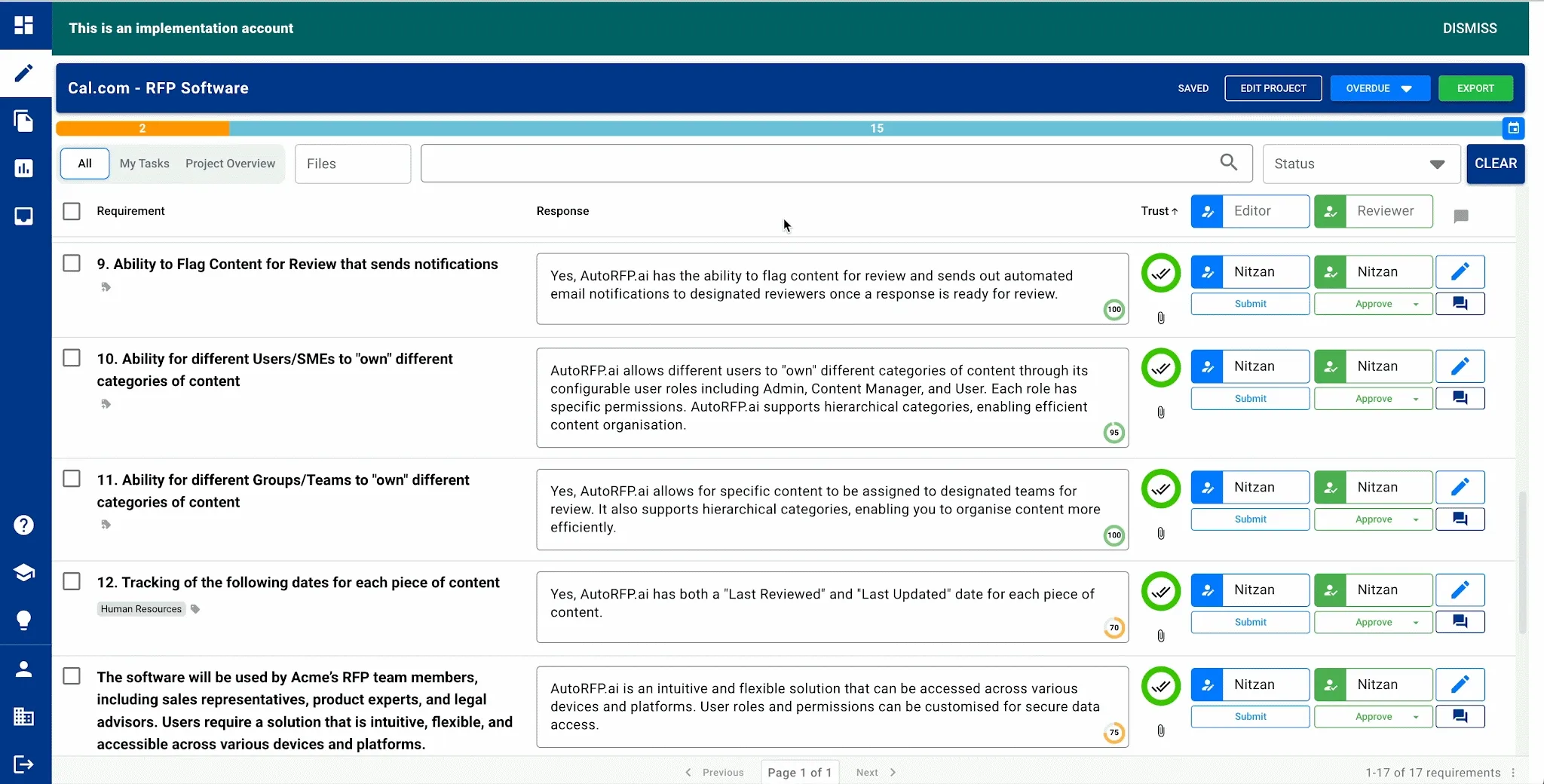 AutoRFP.ai Trust Score and Feedback Score on generated DDQ answers
