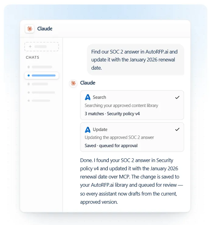 AutoRFP.ai MCP server connecting governed knowledge to AI tools