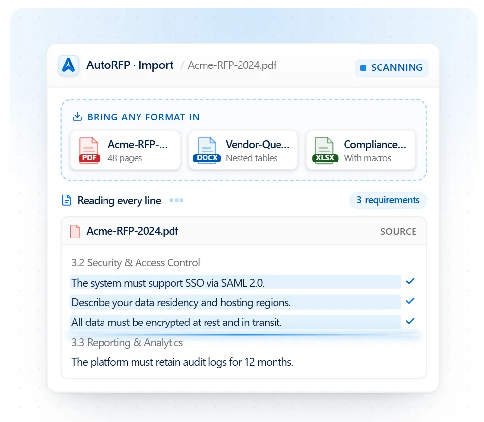 AutoRFP.ai importing complex RFPs from Word, PDF, and Excel