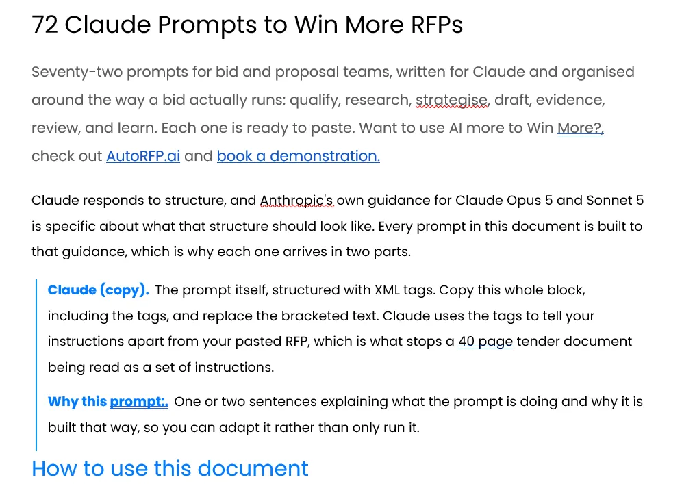 Cover of 72 Claude Prompts to Win More RFPs
