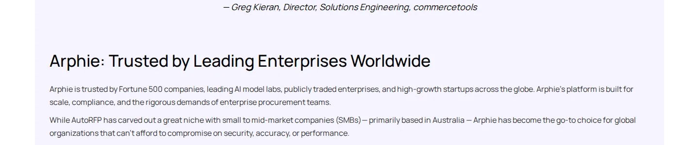 Arphie page claiming AutoRFP is primarily based in Australia and Arphie is the choice for global
organizations