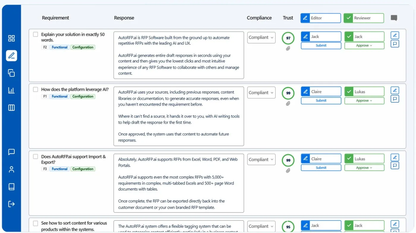 AutoRFP.ai showing approved sources and a Trust Score during an accuracy test