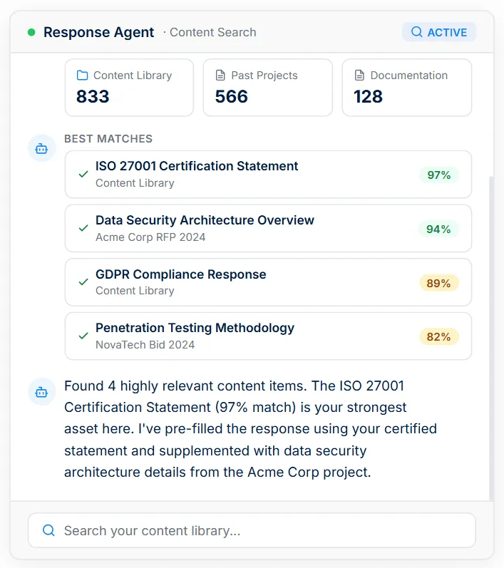 AutoRFP.ai Response Agent content search matching approved library answers to an RFP requirement