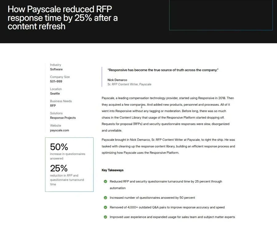 Responsive Payscale customer story describing library chaos, declining platform usage, and the later content
refresh