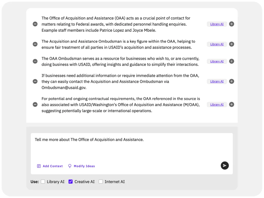 AutogenAI Creative AI drafting response ideas for a proposal section