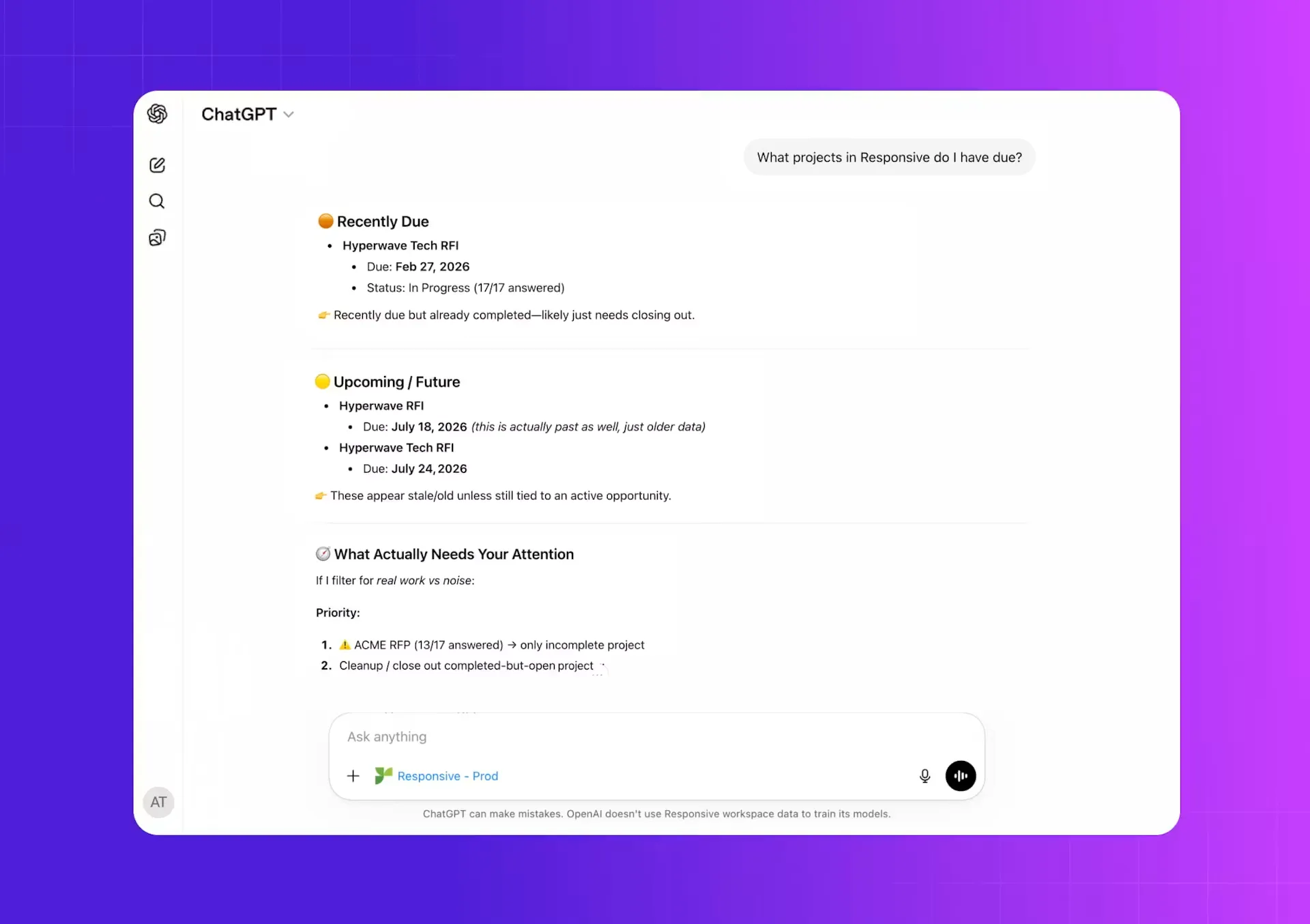 Responsive ChatGPT connector showing due RFP projects and priorities