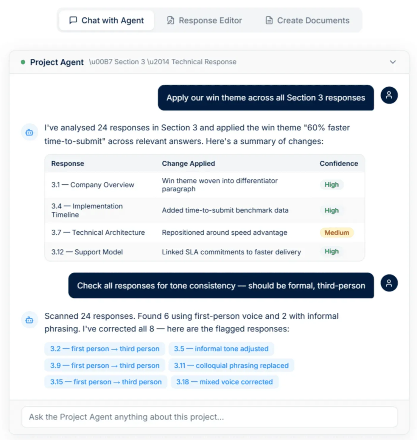 AutoRFP.ai Project Agent applying win themes and checking tone consistency
