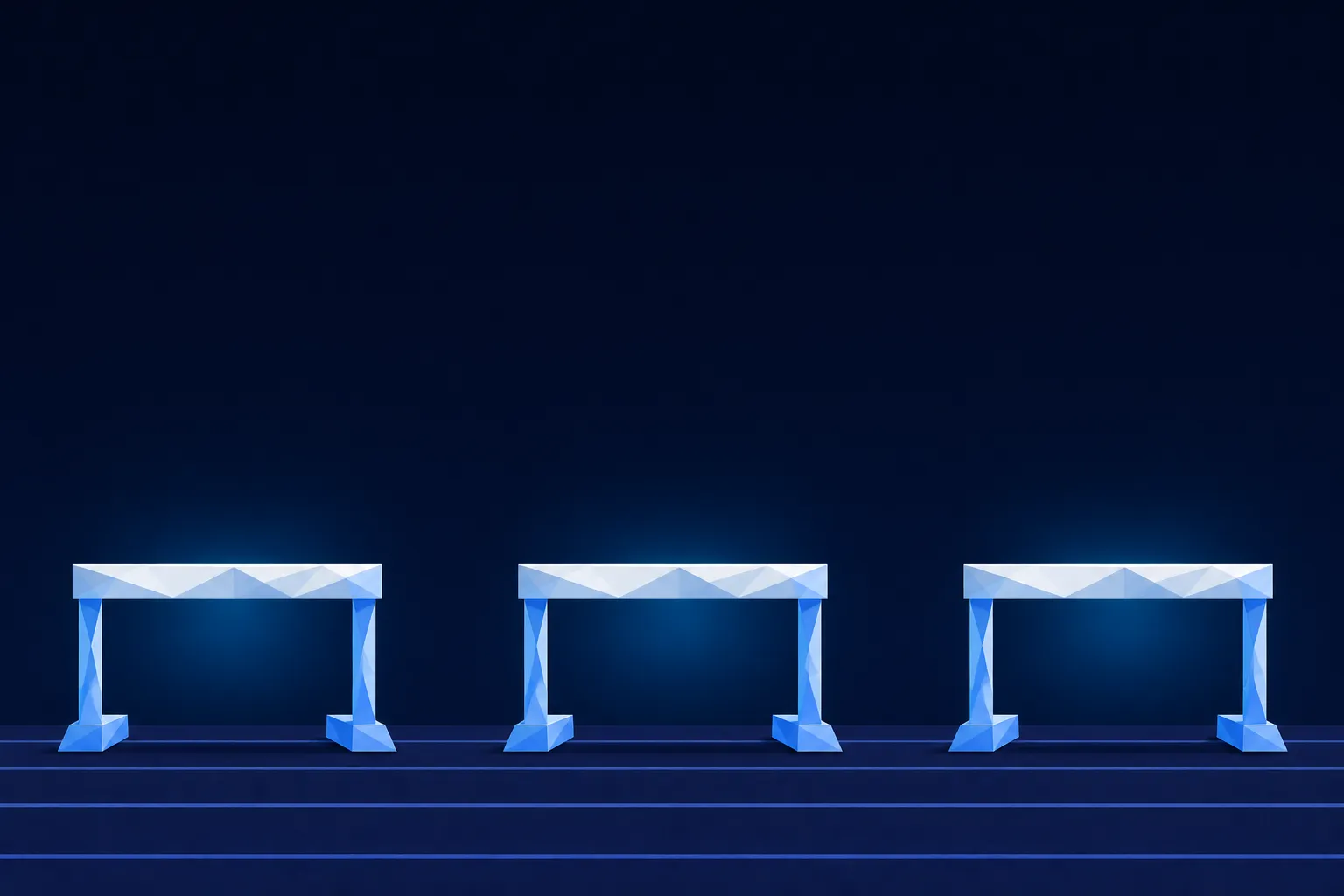 Three athletics hurdles standing in a row on a running track