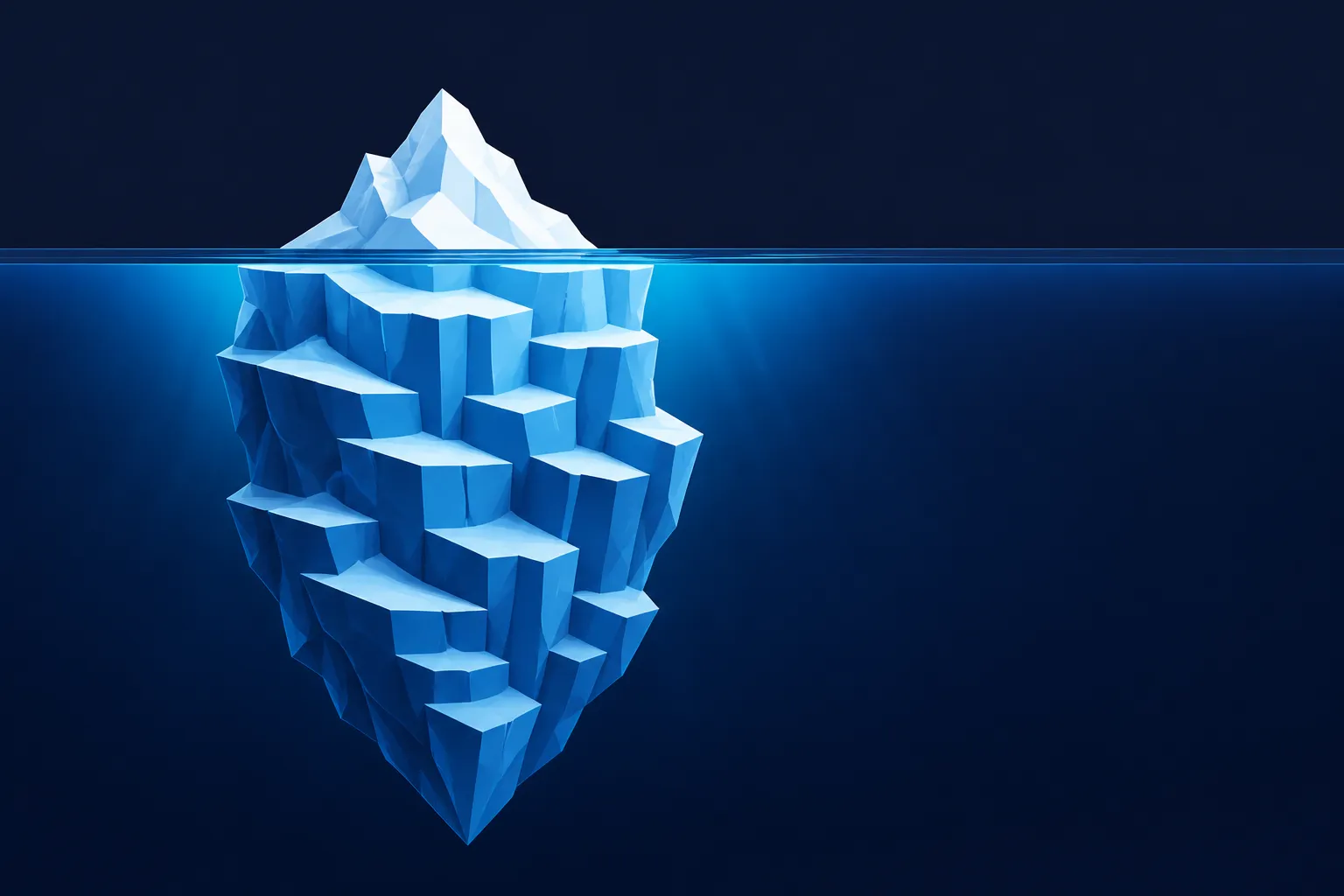 An iceberg with a small prototype above water and the production system extending far below it