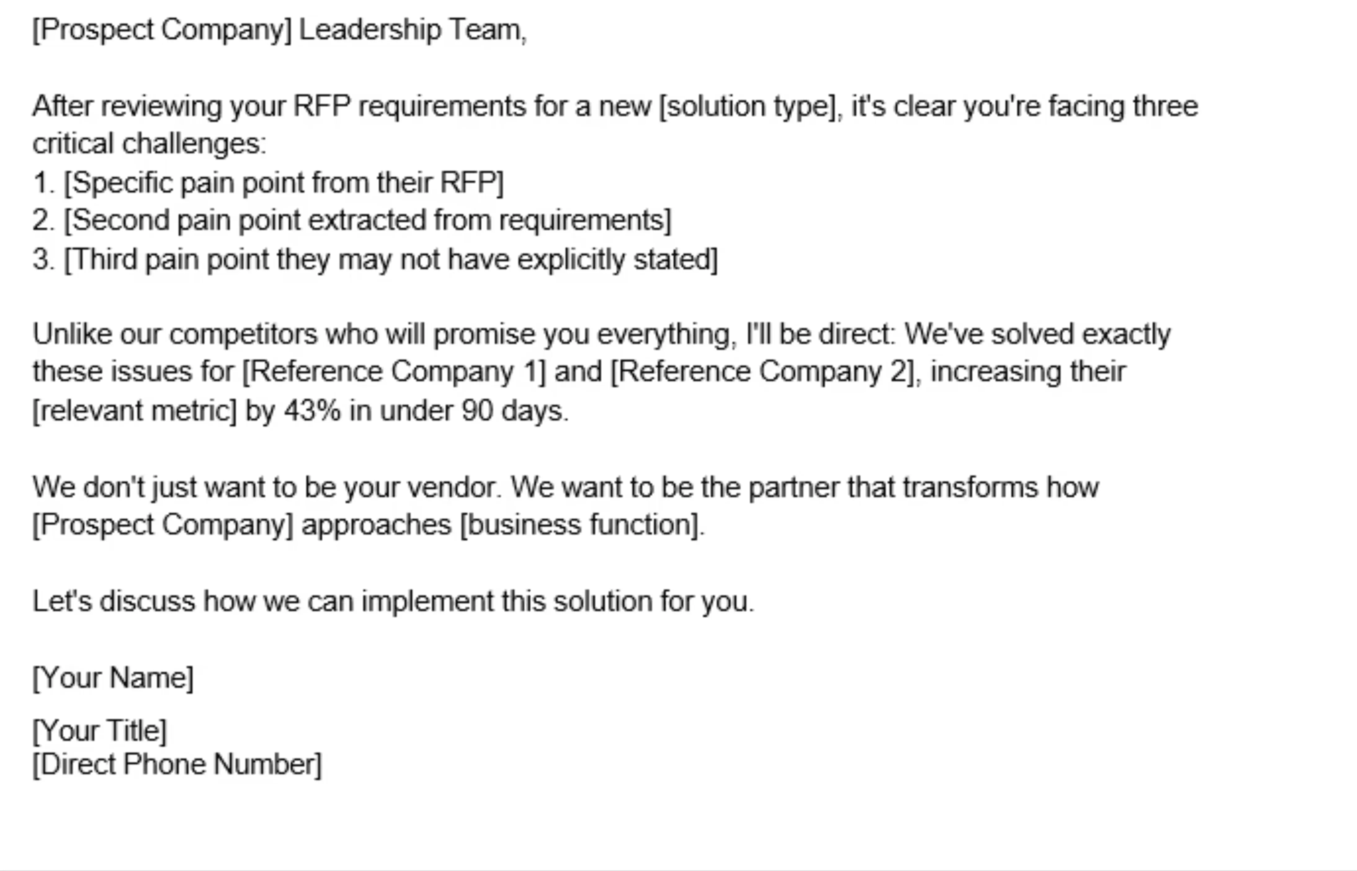 RFP cover letter Template 2: a personalized letter that opens with the client's name, identifies their key pain points, and backs claims with data-driven proof