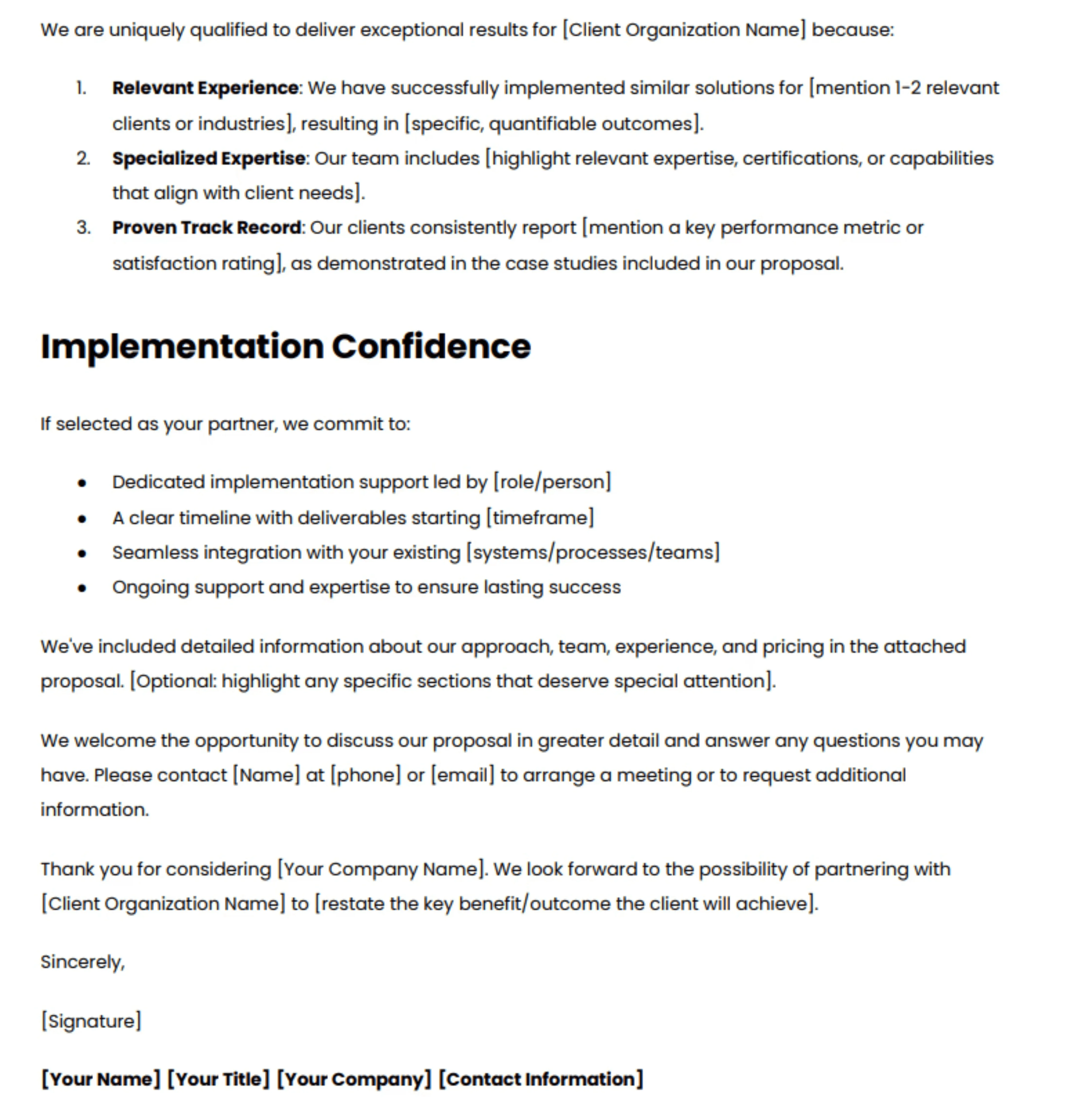 RFP cover letter Template 1, page 2: proposed approach, unique selling points, implementation support, and a confident closing with contact details