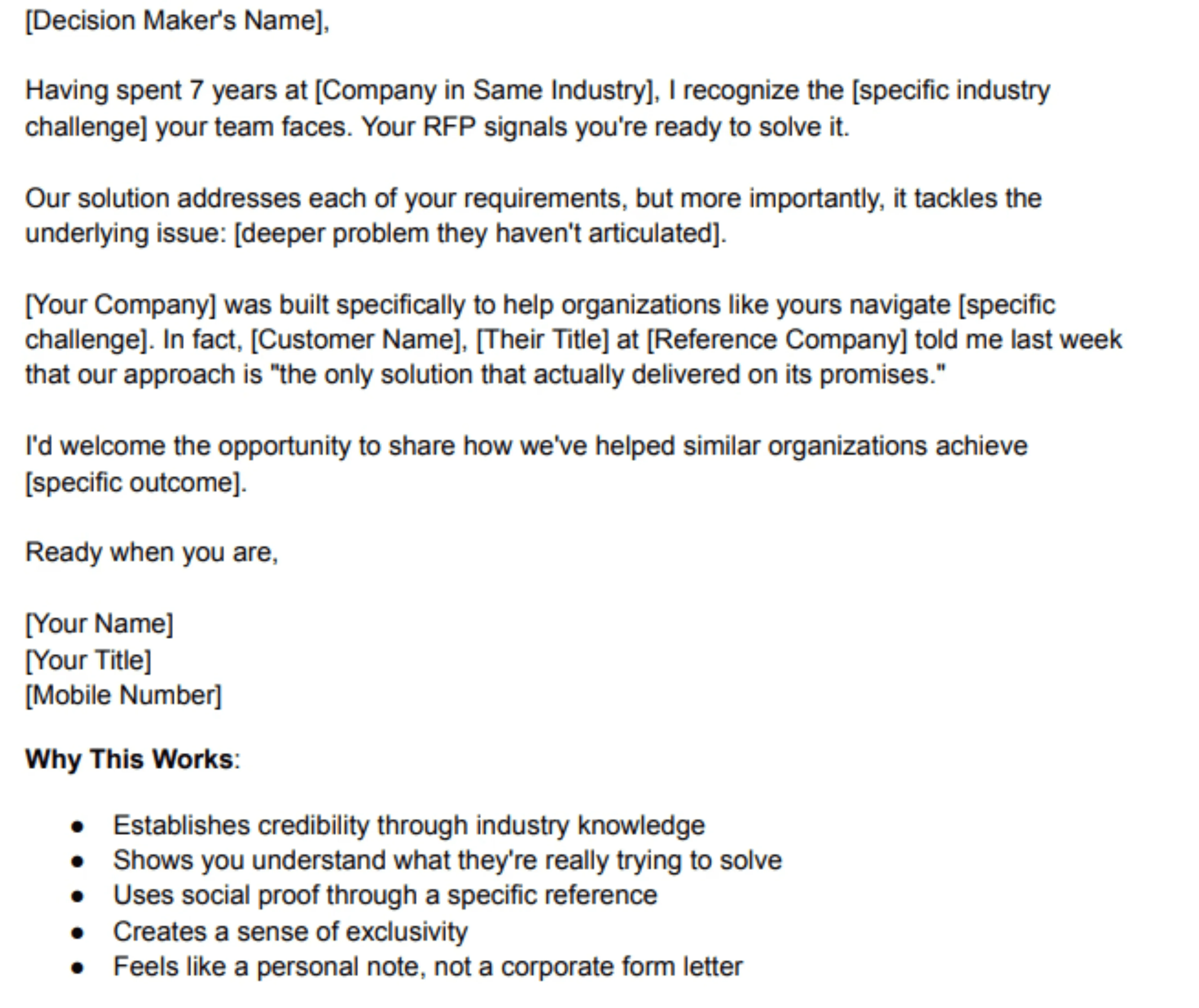 RFP cover letter Template 3: a credibility-focused letter that demonstrates industry experience and includes a client quote as social proof