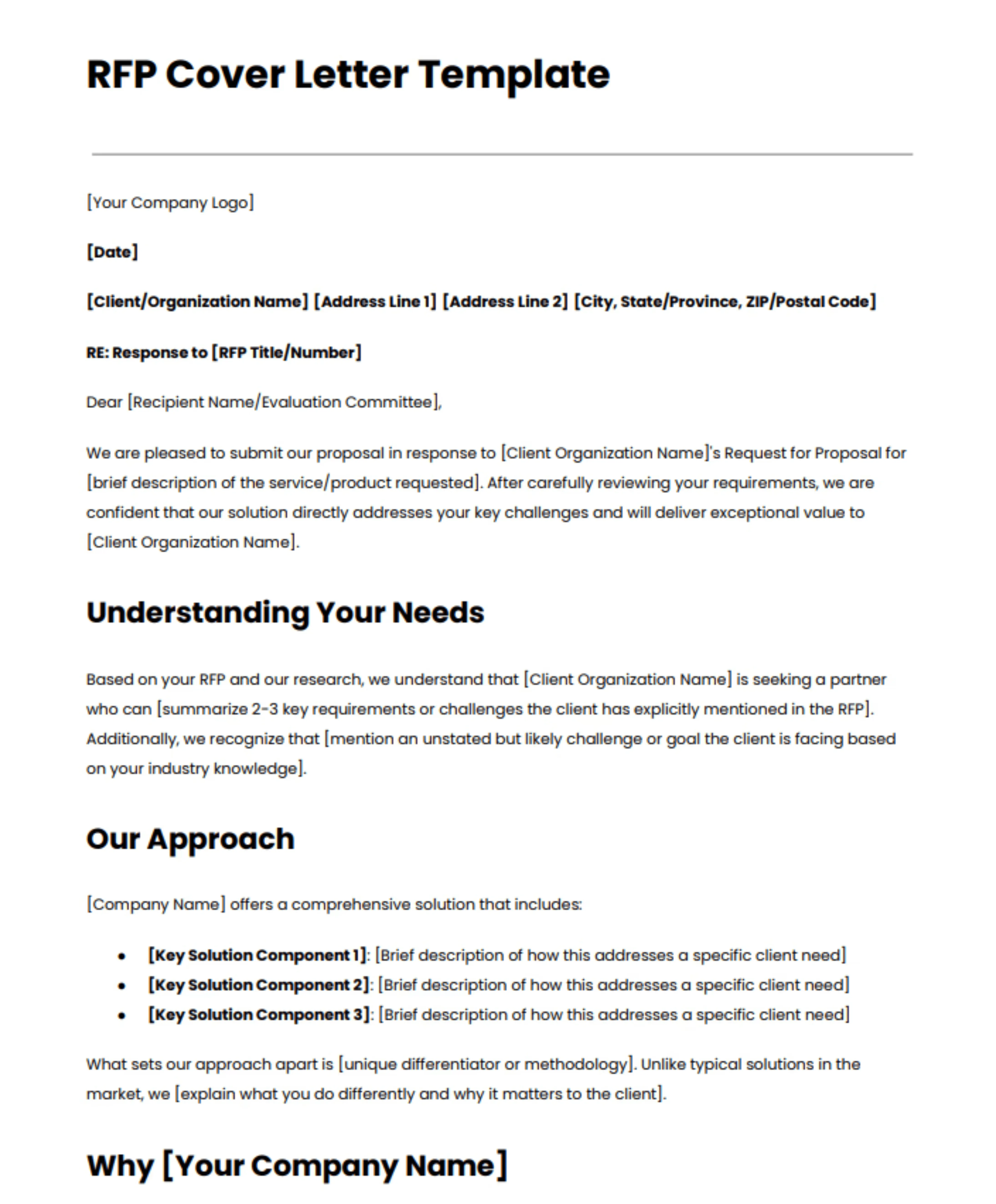 RFP cover letter Template 1, page 1: header with company and client details and an introduction stating the proposal intent