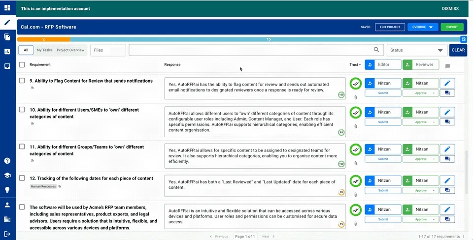 AutoRFP.ai Trust Score and Feedback Score on a generated RFP answer