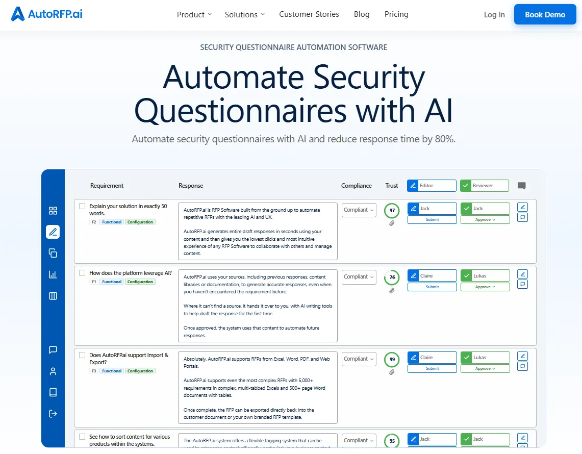 AutoRFP security questionnaire automation workspace with Trust Scores and reviewers