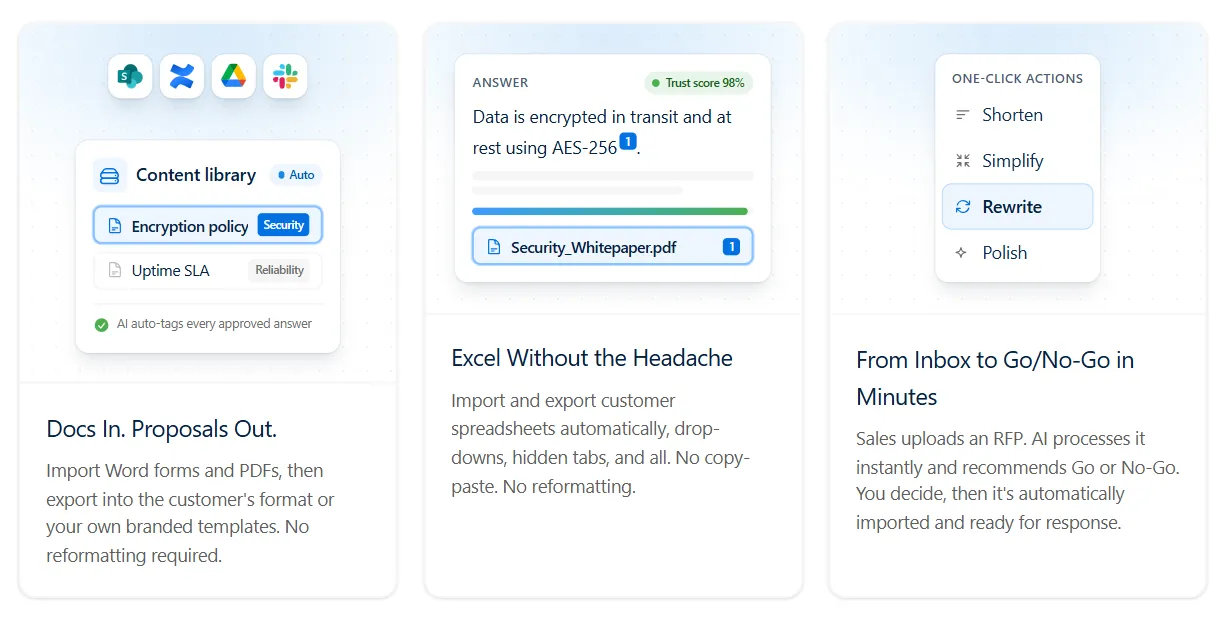 AutoRFP cards for importing Word and Excel files and drafting answers from the inbox