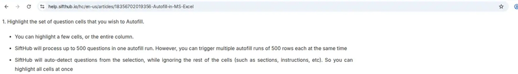 SiftHub help article stating autofill processes up to 500 questions in one
run