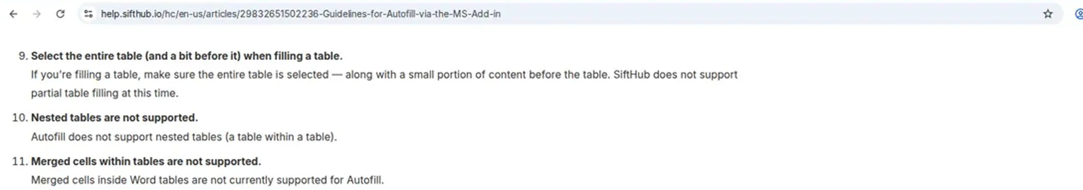 SiftHub help article stating nested tables and merged cells within tables are not
supported