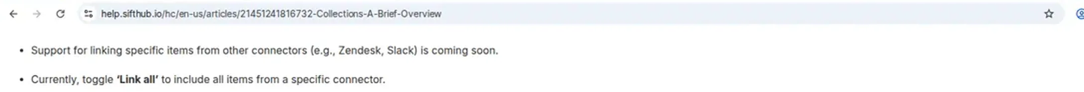 SiftHub help article stating item-level linking for some connectors is coming soon and Link all is the current
option