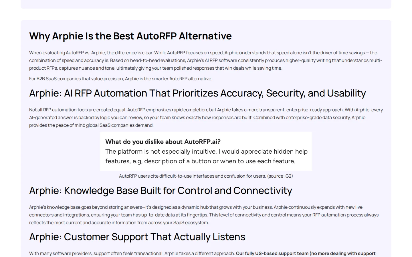 Arphie page claiming AutoRFP focuses on speed while Arphie combines speed and
accuracy