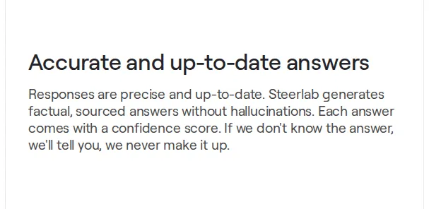 Steerlab security-team page stating sourced answers, a confidence score, and explicit handling when the system does
not know