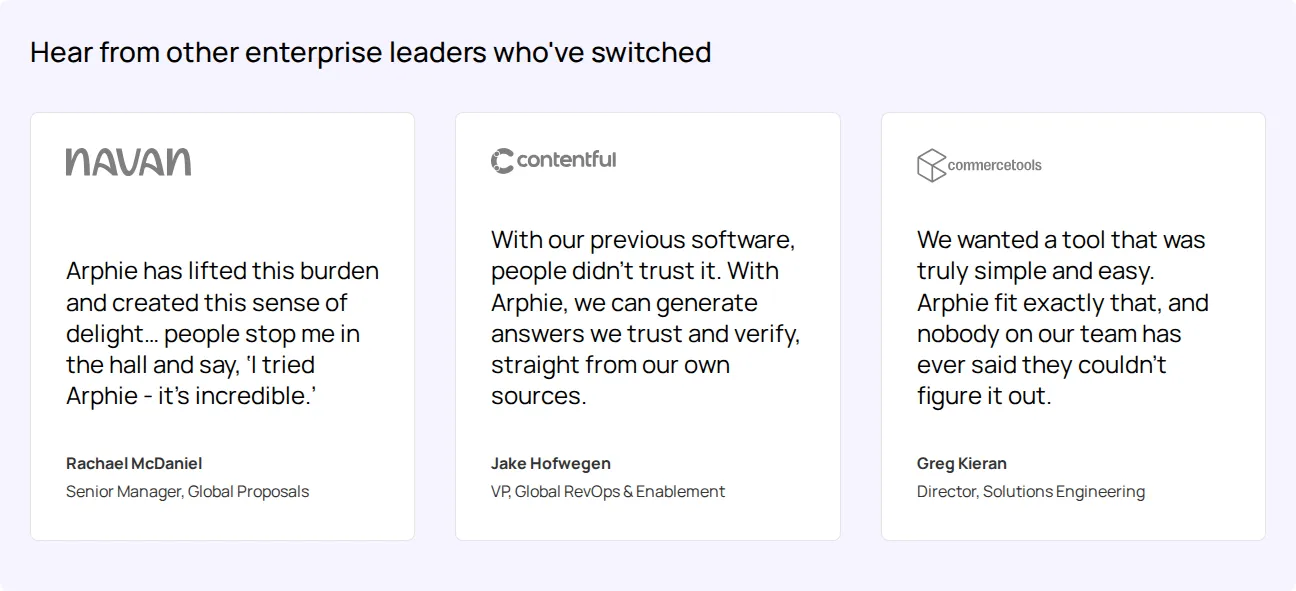 Arphie page placing Navan, Contentful, and commercetools beneath a heading about enterprise leaders who
switched